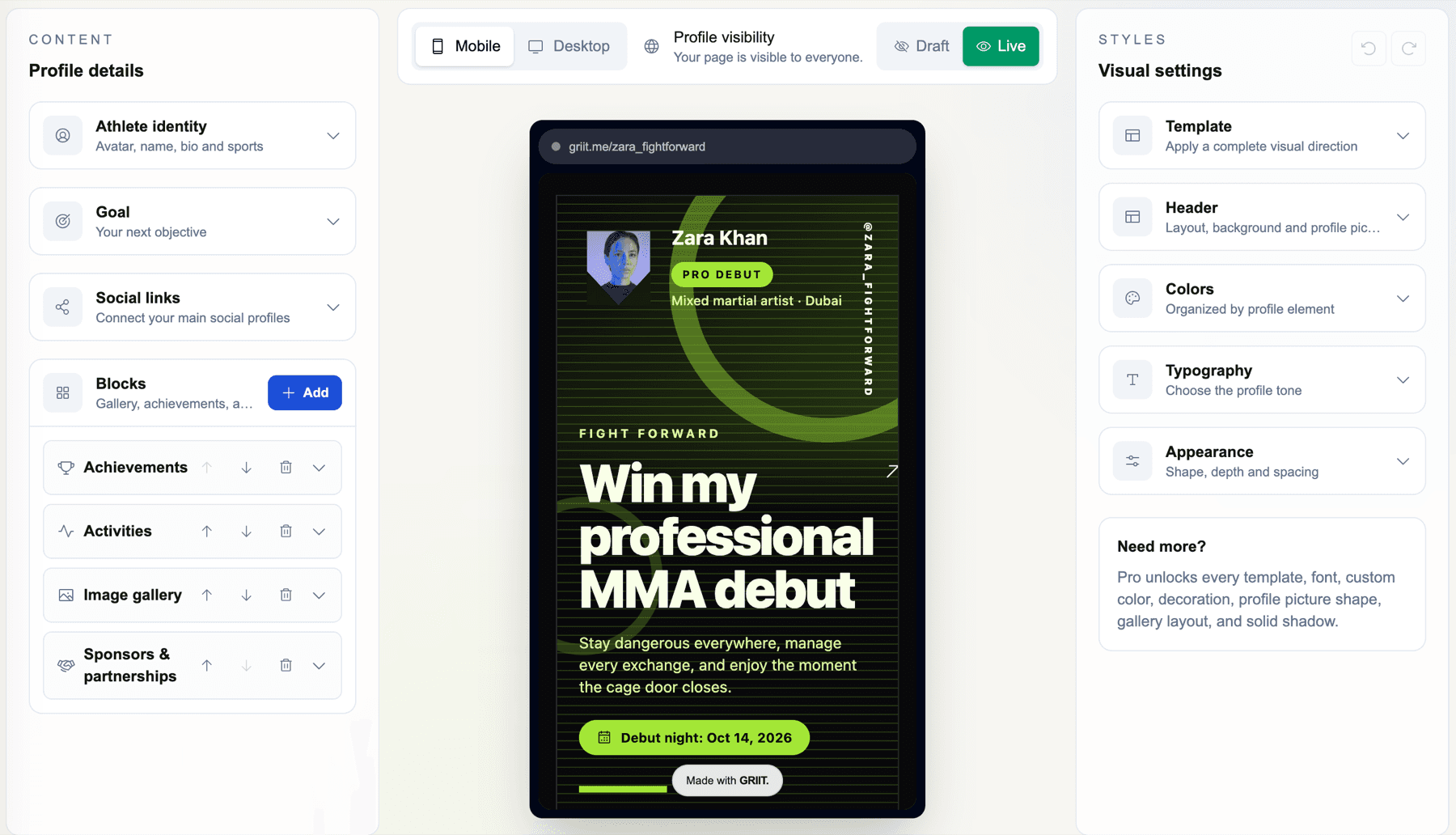 Griit editor showing an athlete profile, its content blocks, and visual settings